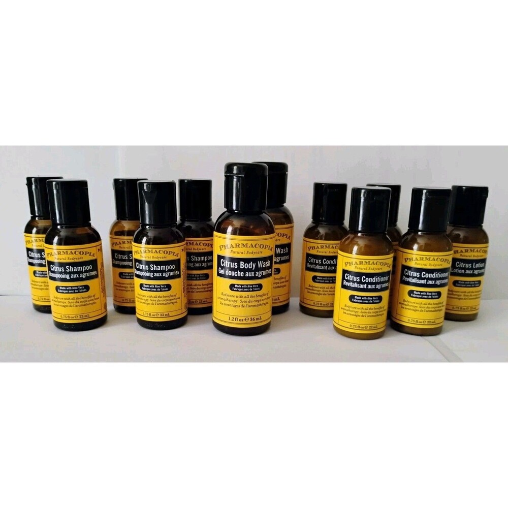 12 Pharmacopia Citrus Travel Set Mixed Sizes .75oz & 1.2oz Shampoo Lotion Wash